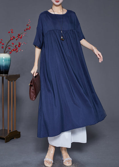 Modern Navy Oversized Patchwork Wrinkled Cotton Dress Summer
