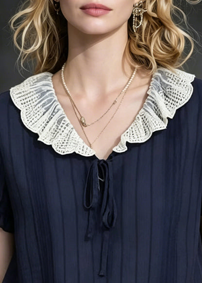 Modern Navy Peter Pan Collar Striped Chiffon Shirts Summer