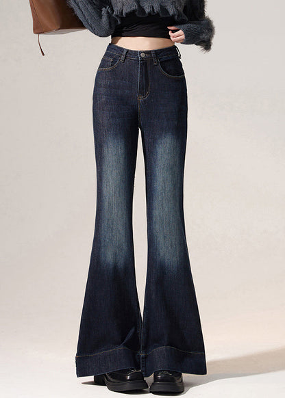Modern Navy Pockets High Waist Denim Flared Trousers Spring