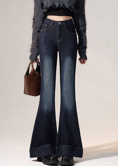 Modern Navy Pockets High Waist Denim Flared Trousers Spring