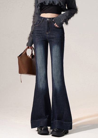 Modern Navy Pockets High Waist Denim Flared Trousers Spring
