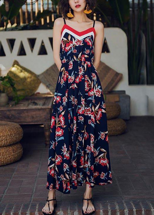 Modern Navy Print Backless Cotton  Maxi Dresses - SooLinen