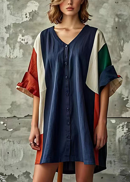 Modern Navy V Neck Patchwork Linen Mini Dresses Summer