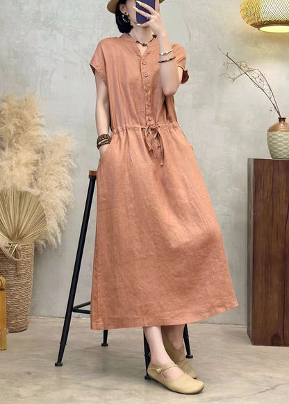 Modern Orange Cinched Linen Vacation Dresses Summer