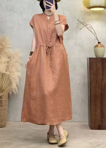 Modern Orange Cinched Linen Vacation Dresses Summer