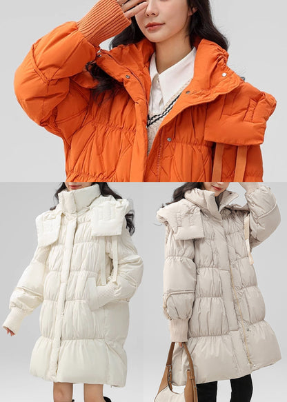 Modern Orange Hooded Wrinkled Duck Down Down Jacket Winter