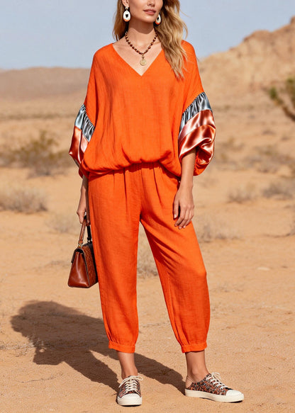 Modern Orange Oversized Patchwork Cotton Two Pieces Set Spring