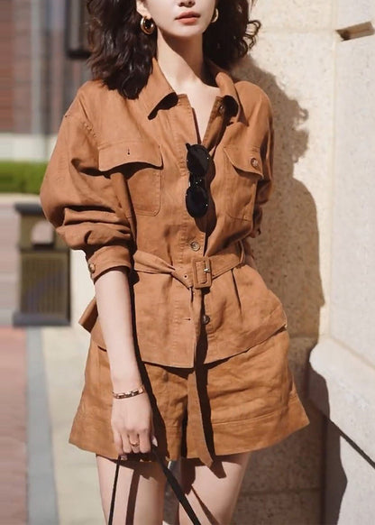 Modern Orange Peter Pan Collar Tunic Linen Two Pieces Set Fall