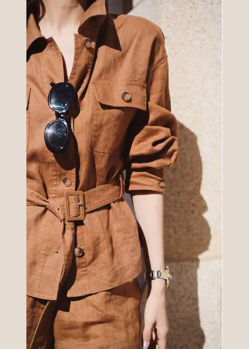 Modern Orange Peter Pan Collar Tunic Linen Two Pieces Set Fall