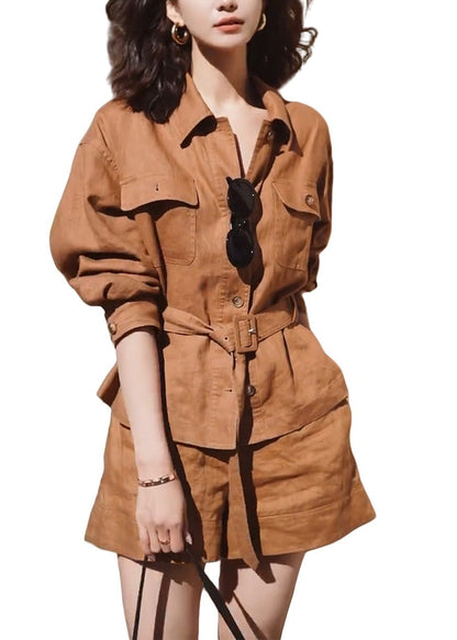 Modern Orange Peter Pan Collar Tunic Linen Two Pieces Set Fall