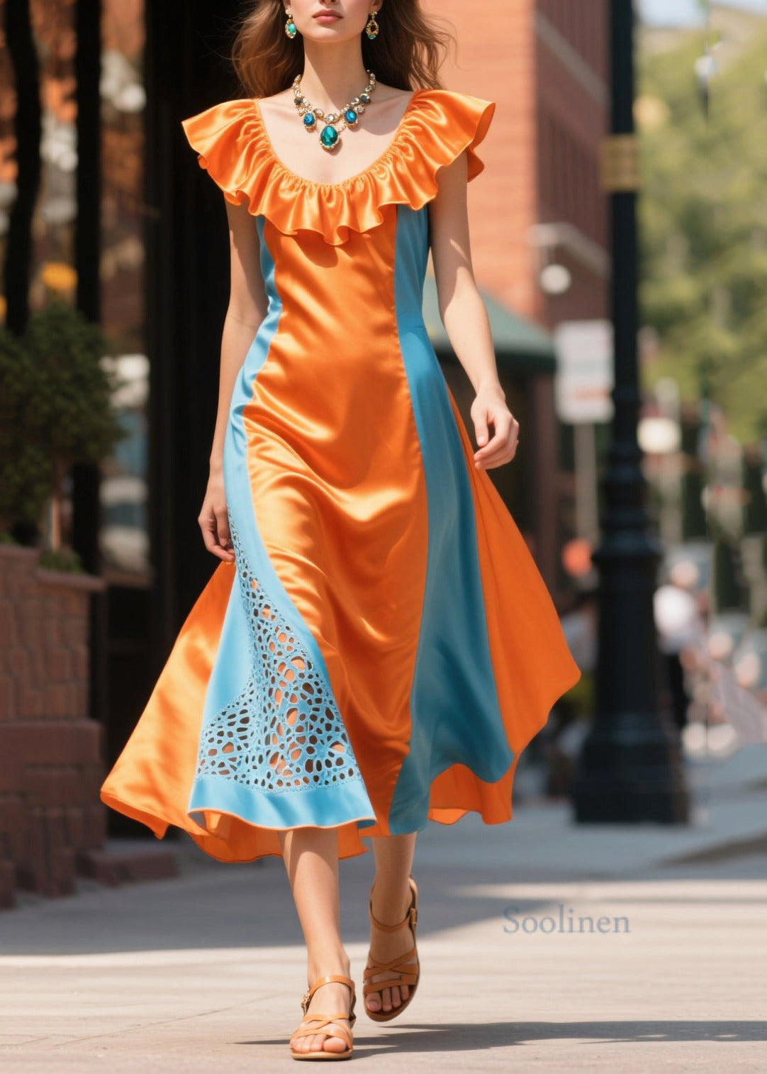 Modern Orange Ruffled Patchwork Hollow Out Silk Dinner Dress Summer