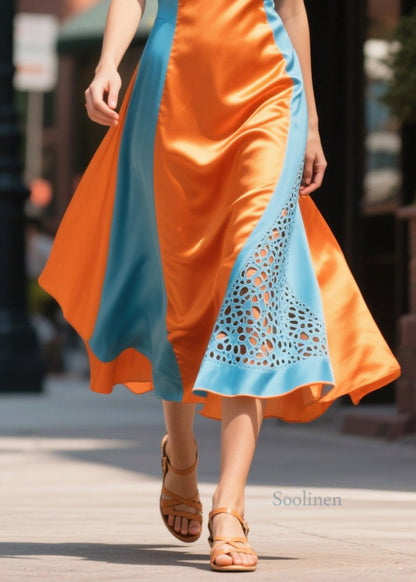 Modern Orange Ruffled Patchwork Hollow Out Silk Dinner Dress Summer