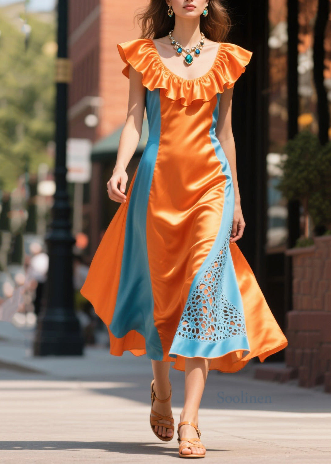 Modern Orange Ruffled Patchwork Hollow Out Silk Dinner Dress Summer