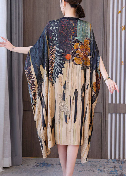 Modern Oversized Print Silk Holiday Dress Batwing Sleeve