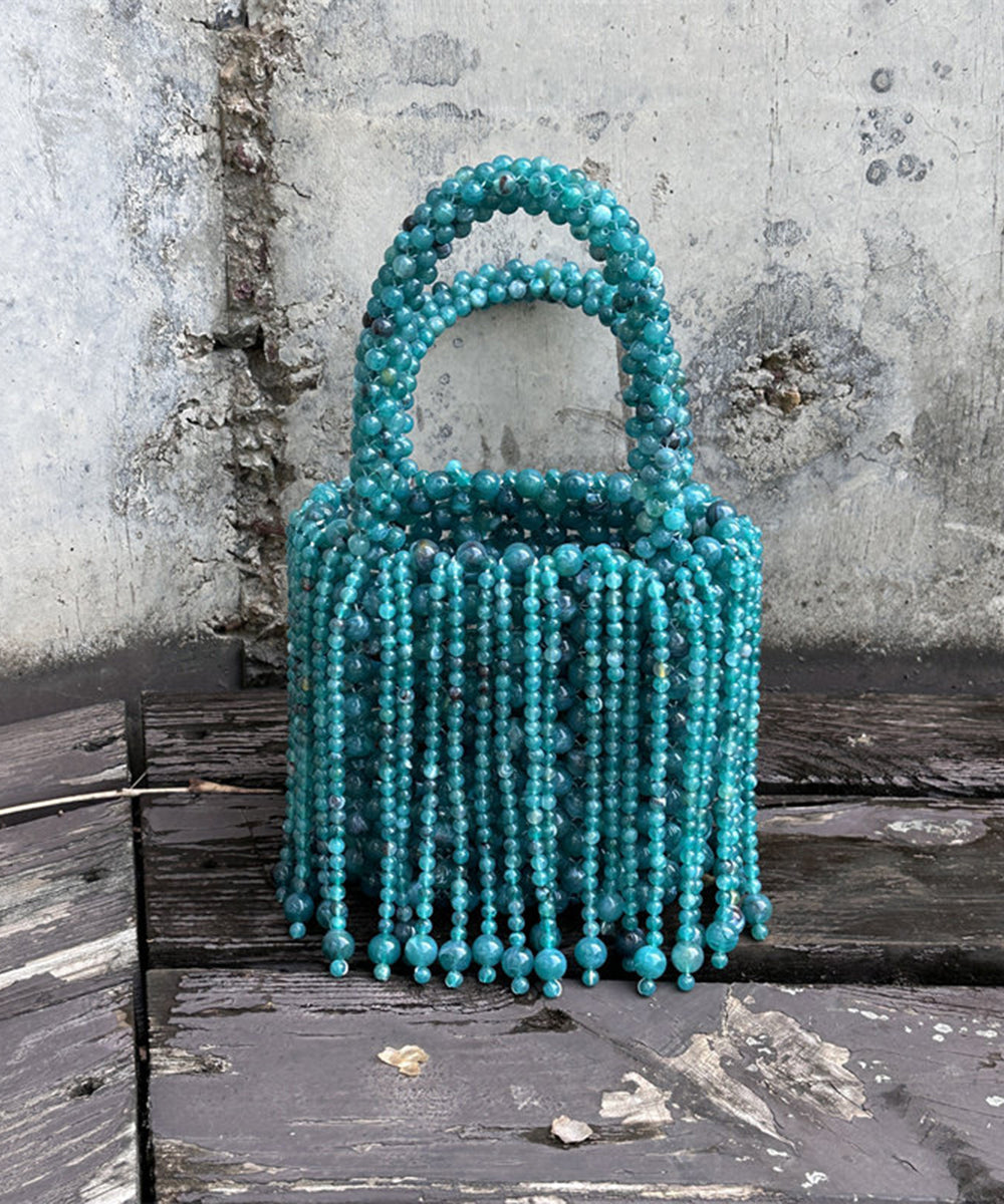 Modern Peacock Blue Beaded Weave Tassel Clutch