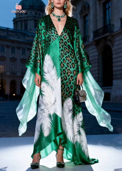 Modern Peacock Green Oversized Print Silk Long Dress Summer