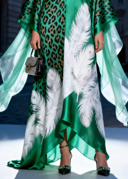 Modern Peacock Green Oversized Print Silk Long Dress Summer