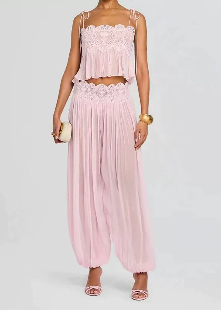 Modern Pink Cami Patchwork Wrinkled Chiffon Two Piece Set Women Clothing Summer