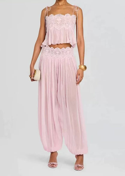 Modern Pink Cami Patchwork Wrinkled Chiffon Two Piece Set Women Clothing Summer