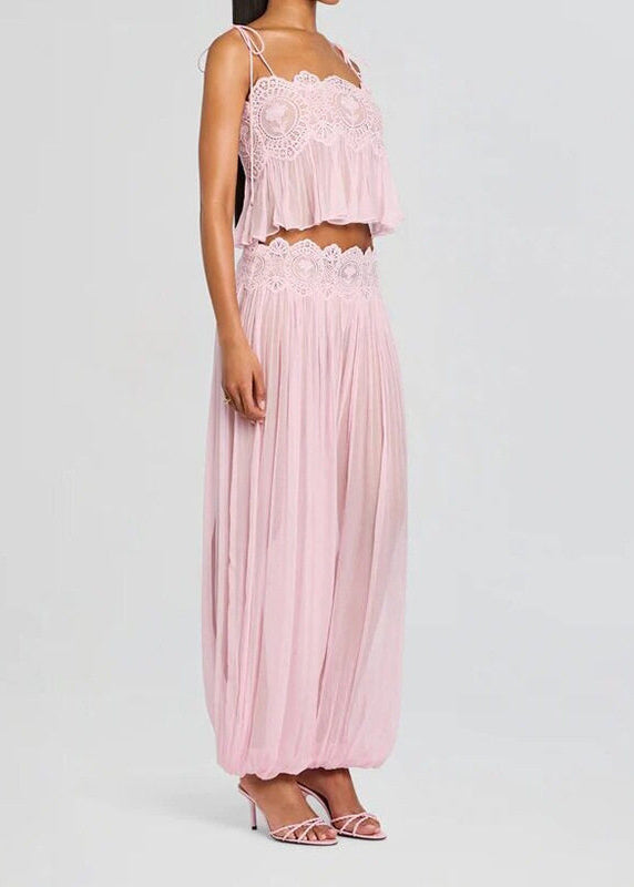 Modern Pink Cami Patchwork Wrinkled Chiffon Two Piece Set Women Clothing Summer