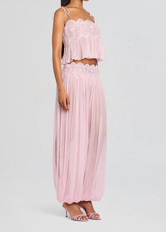 Modern Pink Cami Patchwork Wrinkled Chiffon Two Piece Set Women Clothing Summer
