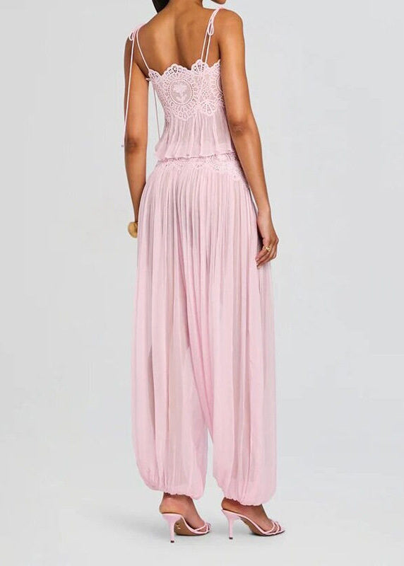 Modern Pink Cami Patchwork Wrinkled Chiffon Two Piece Set Women Clothing Summer