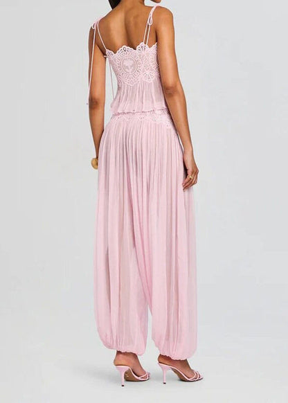 Modern Pink Cami Patchwork Wrinkled Chiffon Two Piece Set Women Clothing Summer