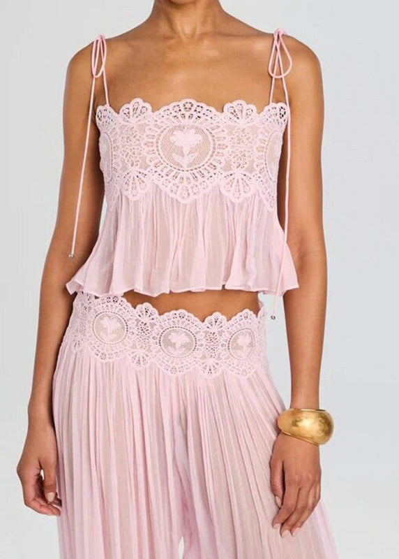 Modern Pink Cami Patchwork Wrinkled Chiffon Two Piece Set Women Clothing Summer