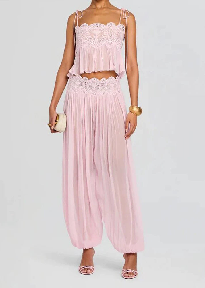 Modern Pink Cami Patchwork Wrinkled Chiffon Two Piece Set Women Clothing Summer