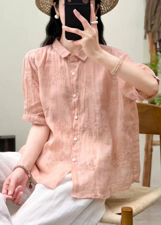 Modern Pink Embroidered Oversized Linen Top Summer