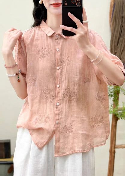 Modern Pink Embroidered Oversized Linen Top Summer