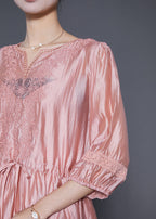 Modern Pink Embroidered Cinched Silk Holiday Dress Summer