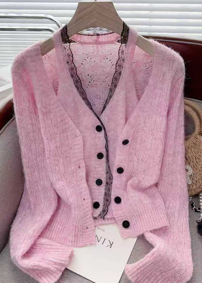 Modern Pink Lace Patchwork False Two Pieces Knit Sweaters Spring