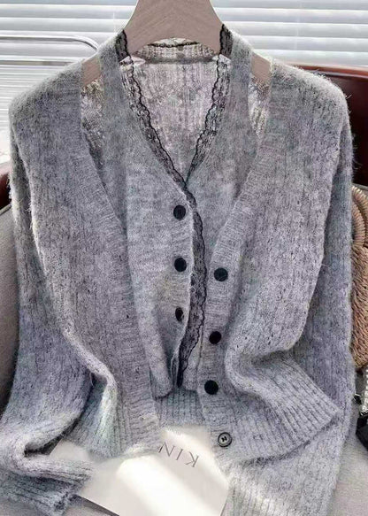 Modern Pink Lace Patchwork False Two Pieces Knit Sweaters Spring