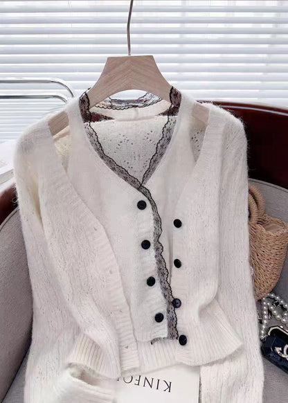 Modern Pink Lace Patchwork False Two Pieces Knit Sweaters Spring