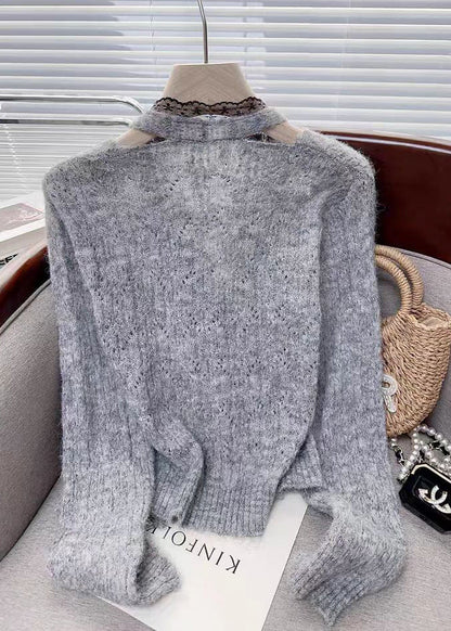 Modern Pink Lace Patchwork False Two Pieces Knit Sweaters Spring