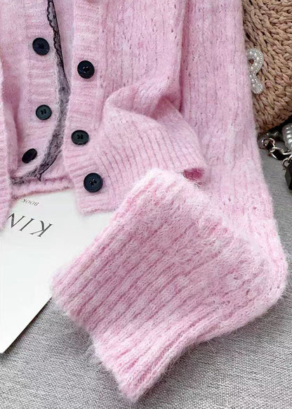 Modern Pink Lace Patchwork False Two Pieces Knit Sweaters Spring