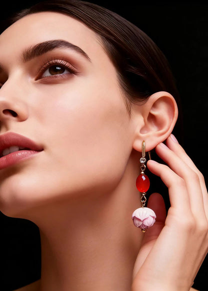 Modern Pink Lotus Flower Stone Drop Earrings