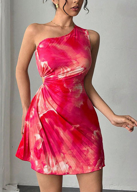 Modern Pink One Shoulder Tie Dye Tea Dress Summer
