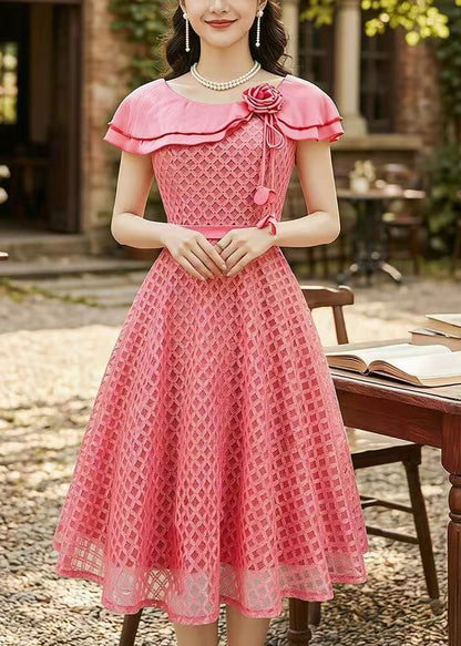 Modern Pink Peter Pan Collar Floral Lace Dresses Summer