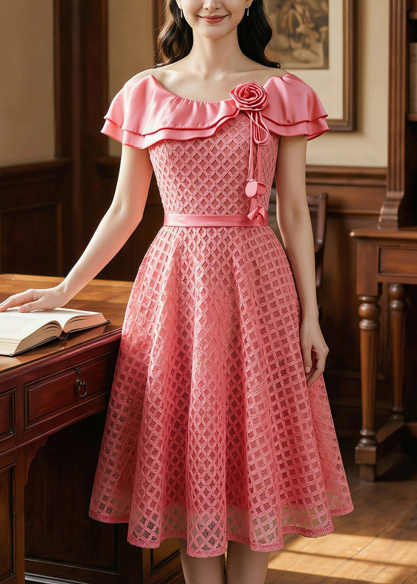 Modern Pink Peter Pan Collar Floral Lace Dresses Summer
