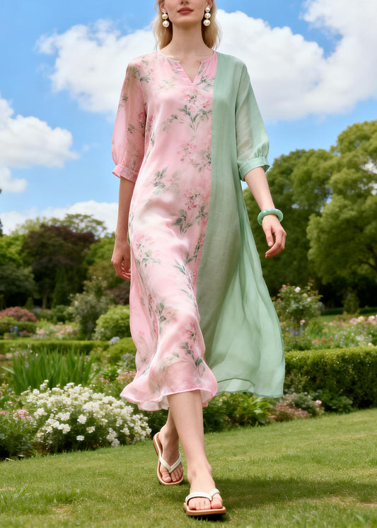 Modern Pink Print Patchwork Cotton Long Dress Summer