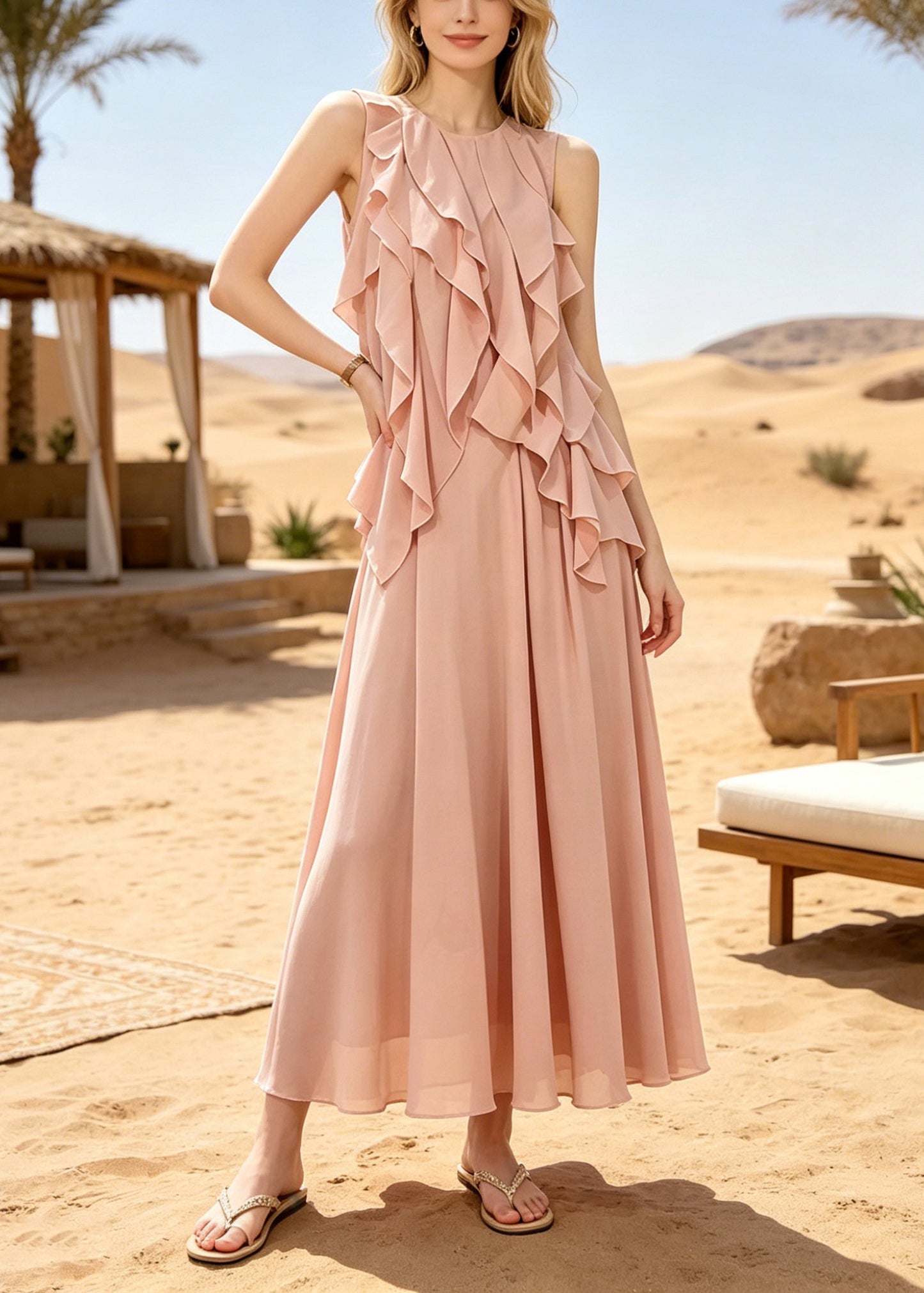 Modern Pink Ruffled Draping Chiffon Two Piece Suit Set Sleeveless