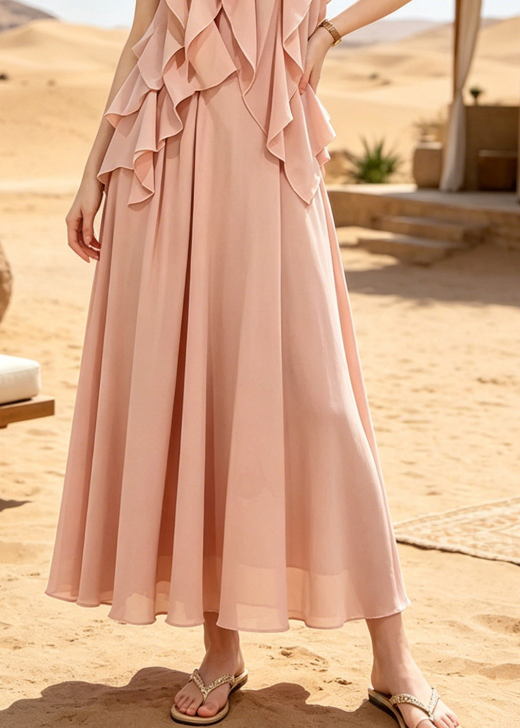 Modern Pink Ruffled Draping Chiffon Two Piece Suit Set Sleeveless
