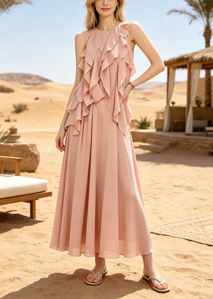 Modern Pink Ruffled Draping Chiffon Two Piece Suit Set Sleeveless