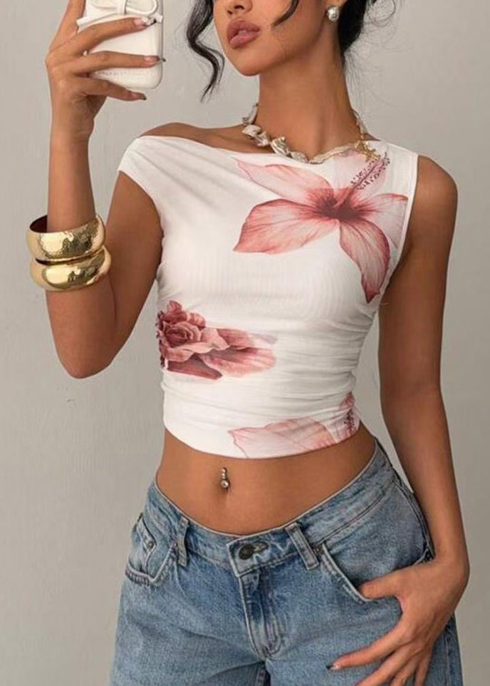 Modern Pink Slash Neck Floral Short Tops Sleeveless