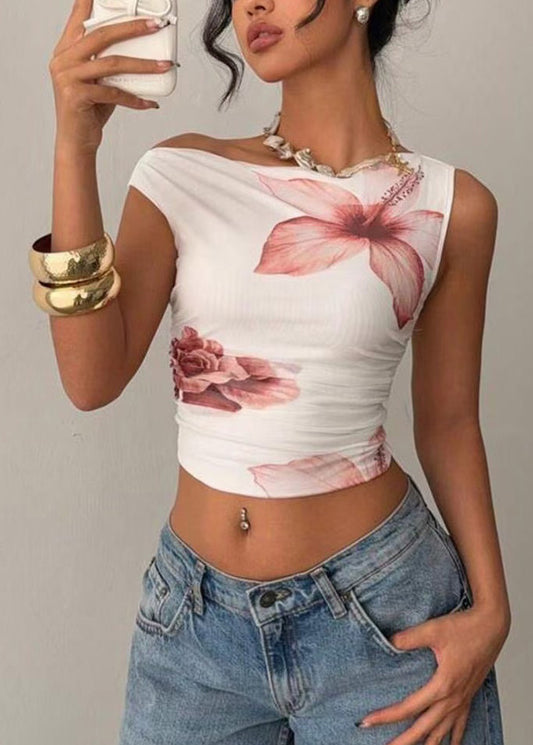 Modern Pink Slash Neck Floral Short Tops Sleeveless