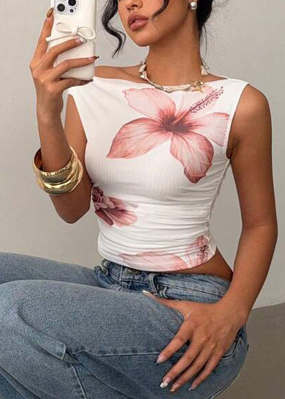 Modern Pink Slash Neck Floral Short Tops Sleeveless