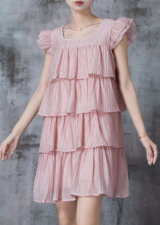 Modern Pink Square Collar Layered Chiffon Tea Dress Summer
