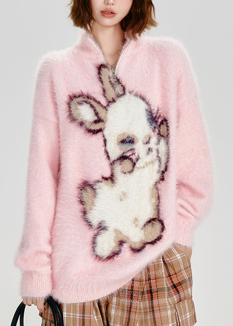 Modern Pink Stand Collar Cute Rabbit Fuzzy Fur Fluffy Sweater Tops Winter